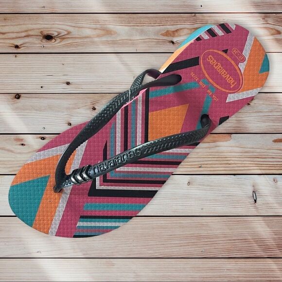 Havaianas Black Rubber Strap Pink Print Flip Flop - Picture 1 of 4